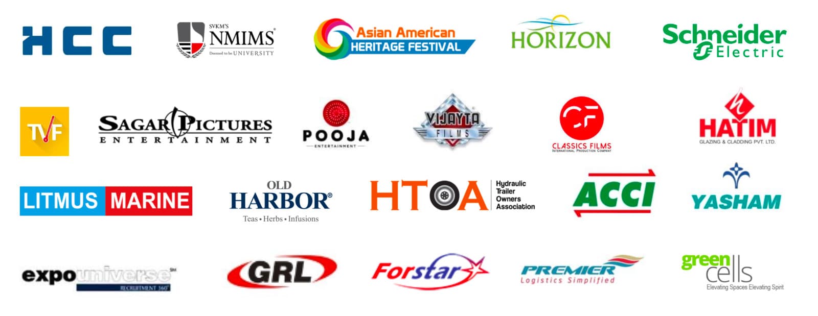 Logos of HCC, NMIMS, Asian American Heritage Festival, Horizon, Schneider Electric, TVF, Sagar Pictures Entertainment, Pooja Entertainment, Vijayta Films, Classics Films, Hatim Glazing and Cladding, Litmus Marine, Old Harbor, HTOA, ACCI, Yasham, Expo Universe, GRL, Forstar, Premier Logistics and Green Cells